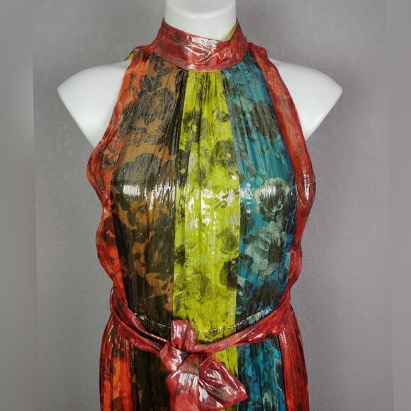 ALICE + OLIVIA Mertie Mock Neck Pleated Silk-Blend Maxi Striped Dress Size 8 - Picture 10 of 16